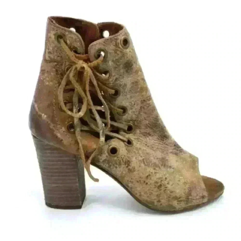 Diba True Women's Sz 7 Shoes Brown Leather Lace Up Zip Distressed Ankle Boots